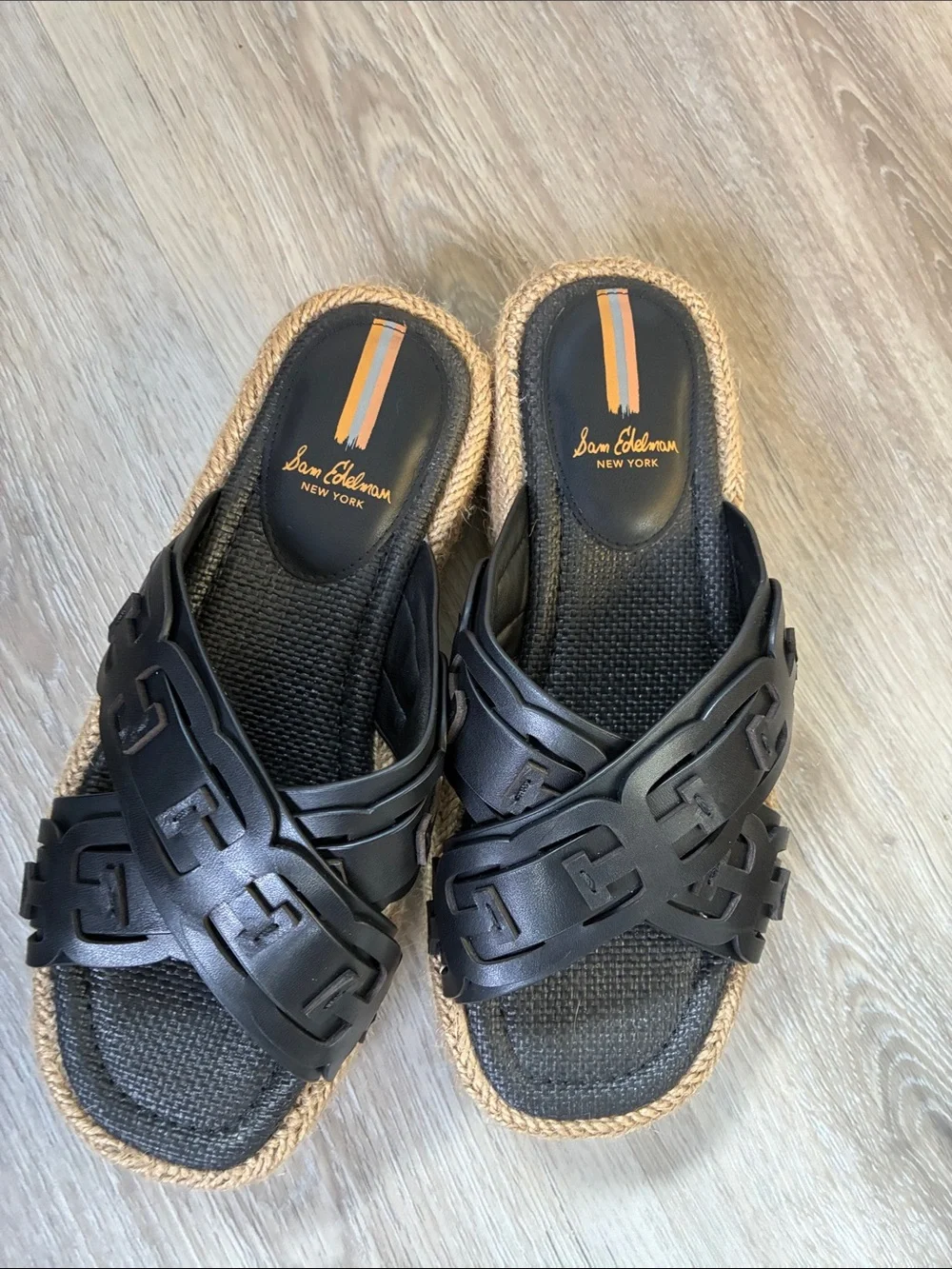Sam Edelman Pria Black Braided Leather Slide Sandals with Jute Trim